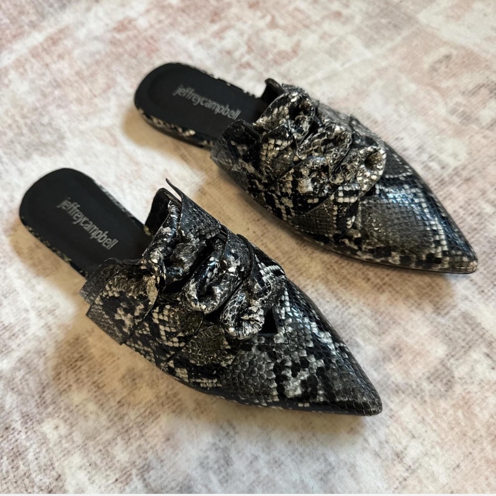 Jeffrey Campbell Black and Gray Snake Print Mules